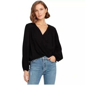 Free People Check on It Black Pleated Wrap Top medium  OB1076865‎ EUC